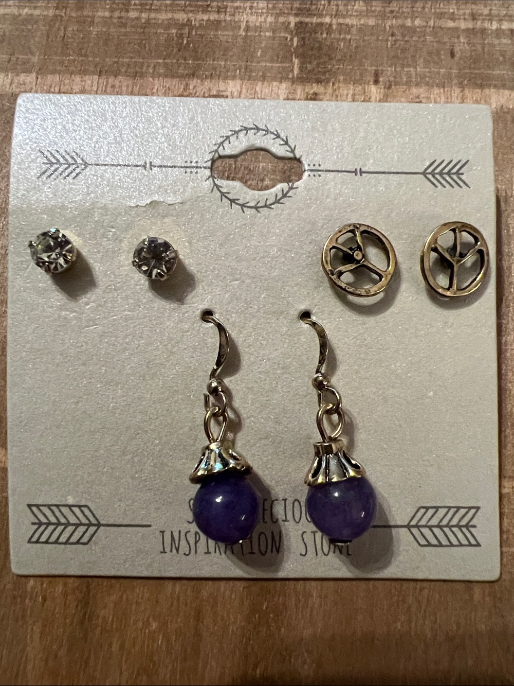 3/$18 3 pc. Earrings Set - Purple Stone Drop, Peace, and golden stud Lot 740